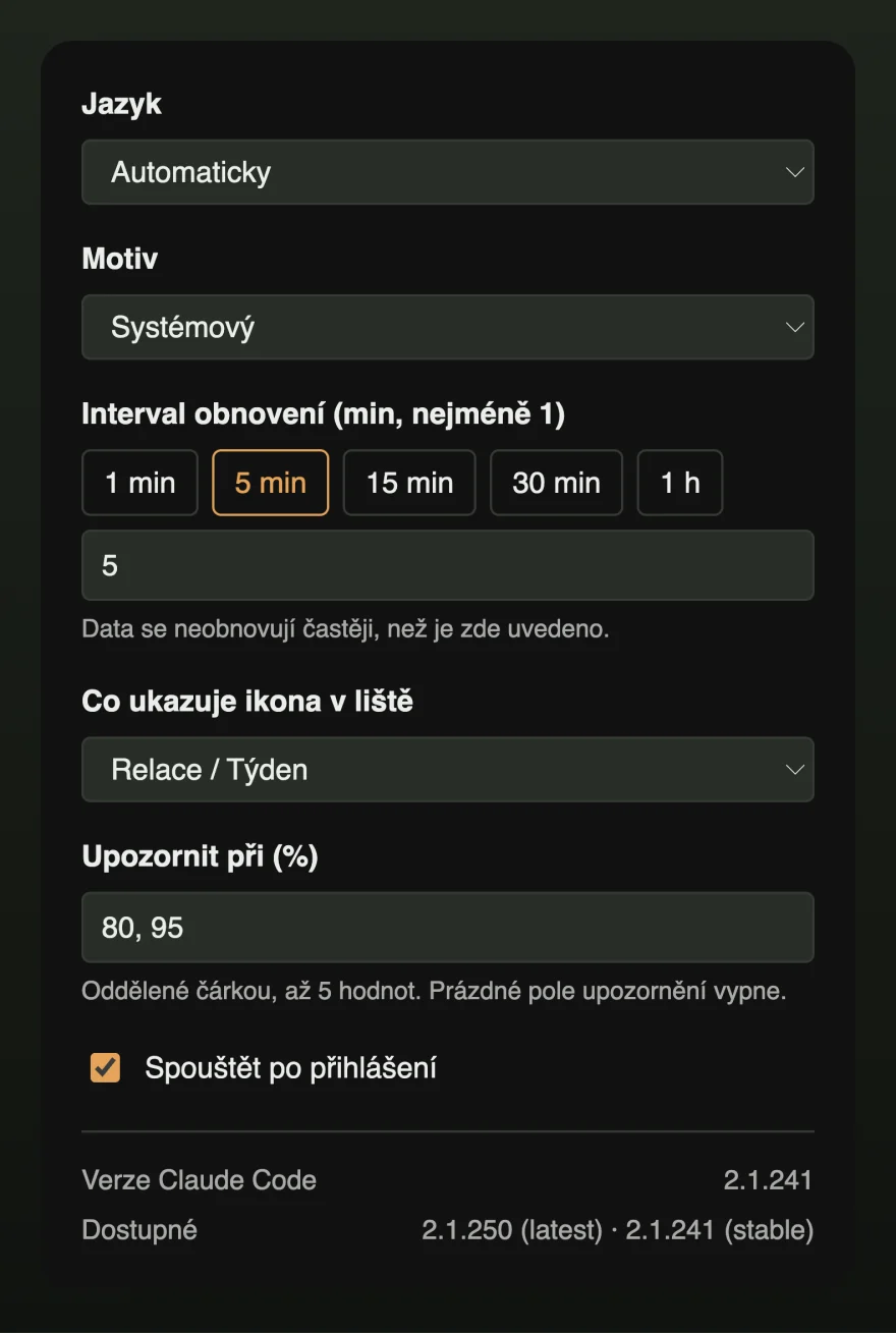 Okno nastavení s jazykem, motivem, intervalem obnovování, obsahem ikony v řádku nabídek, prahy upozornění a spuštěním při přihlášení.