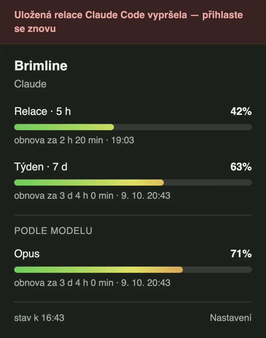 Panel s červeným pruhem, který říká, že uložená relace Claude Code vypršela, s posledními známými procenty stále vypsanými níže a s patou, která říká, jak jsou stará.