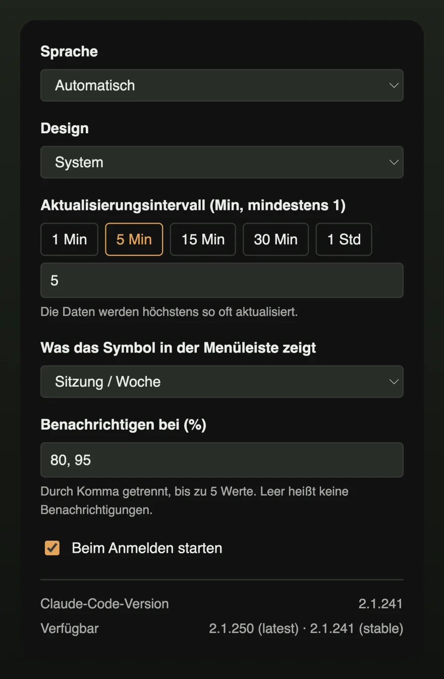 Das Einstellungsfenster mit Sprache, Design, Aktualisierungsintervall, Inhalt des Menüleisten-Symbols, Benachrichtigungsschwellen und Start bei der Anmeldung.