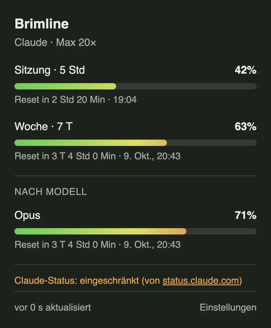 Das Panel mit einer orangefarbenen Zeile am Fuß: Claude-Status beeinträchtigt, laut status.claude.com.