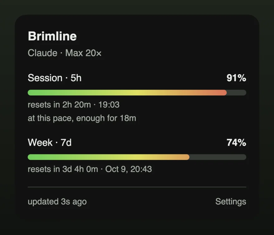 The panel with the session bar at 91%, coloured red, and a line reading how much longer the limit lasts at the current pace.