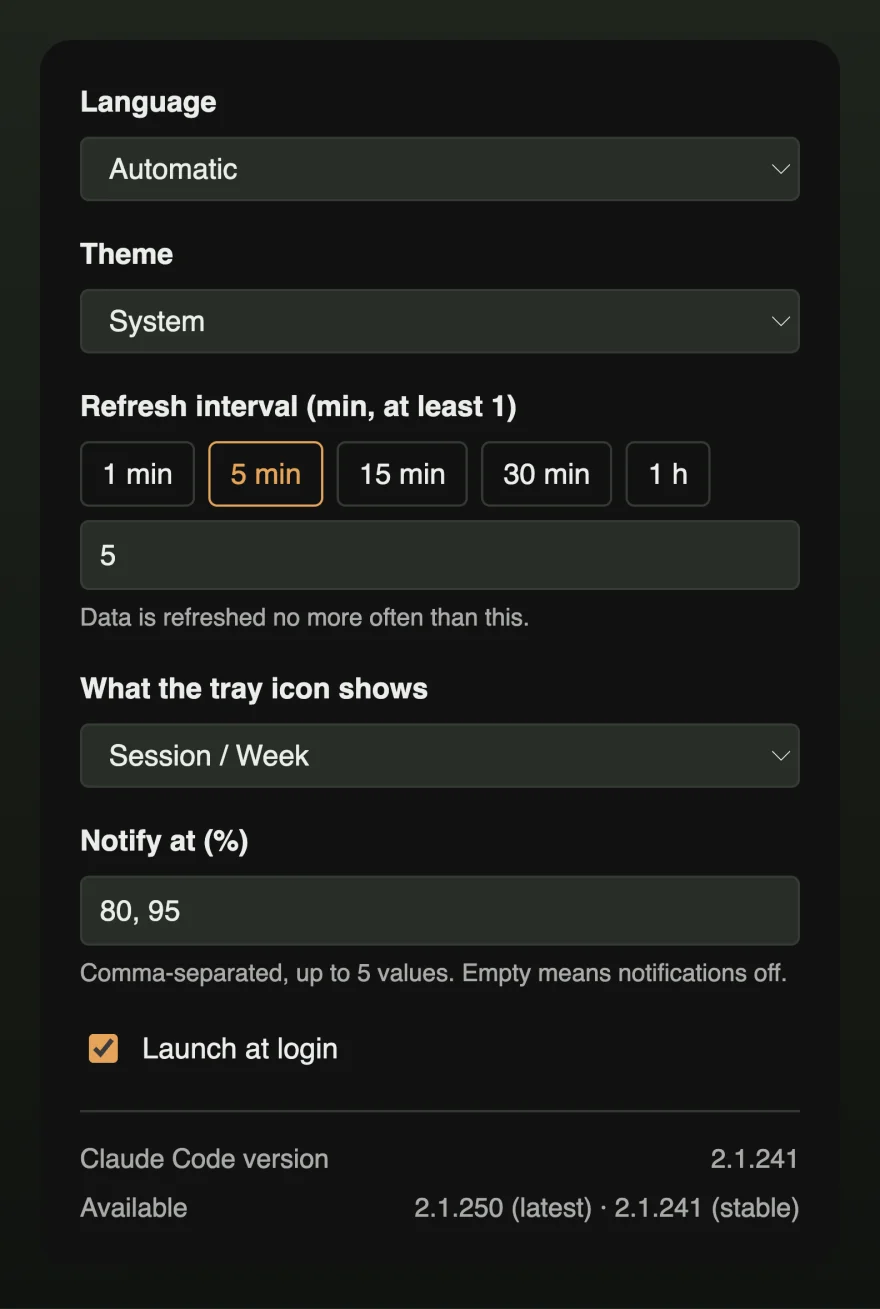 The settings window with language, theme, refresh interval, tray icon content, notification thresholds and launch at login.