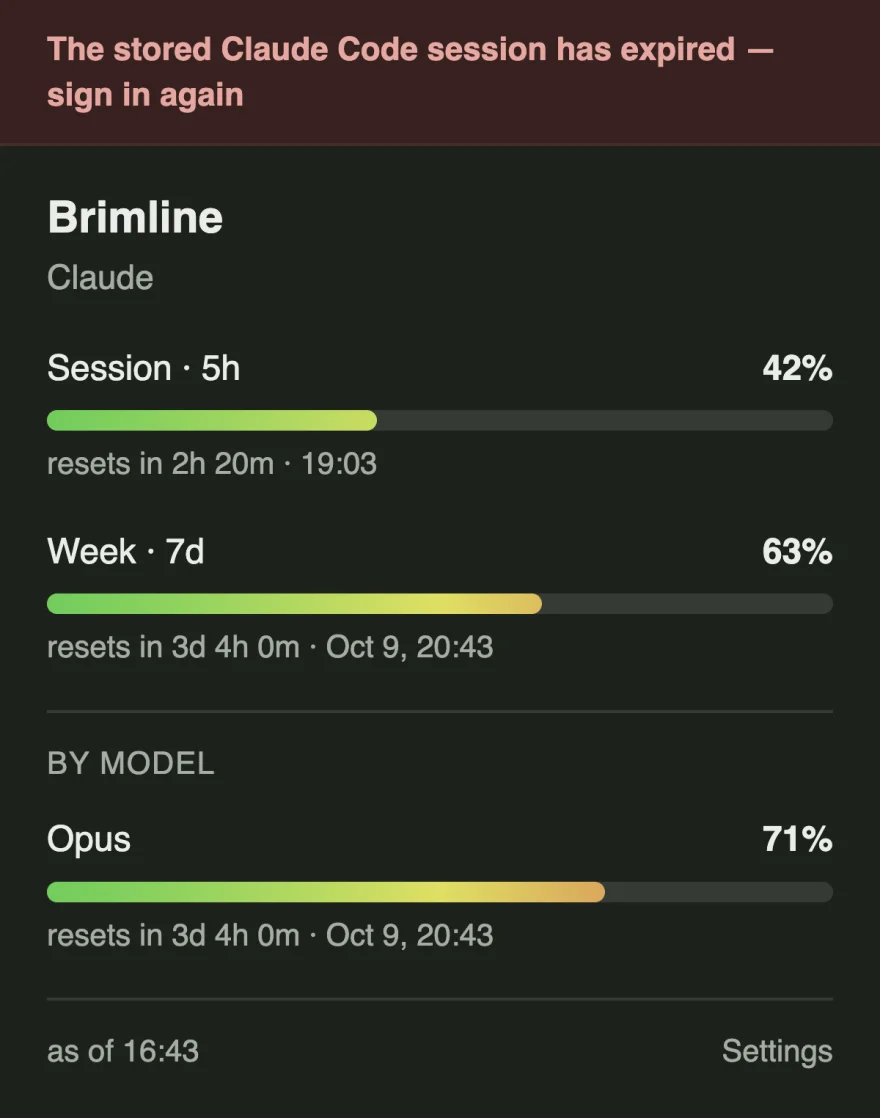 The panel with a red banner reading that the stored Claude Code session has expired, the last known percentages still listed below it, and a footer saying how old they are.
