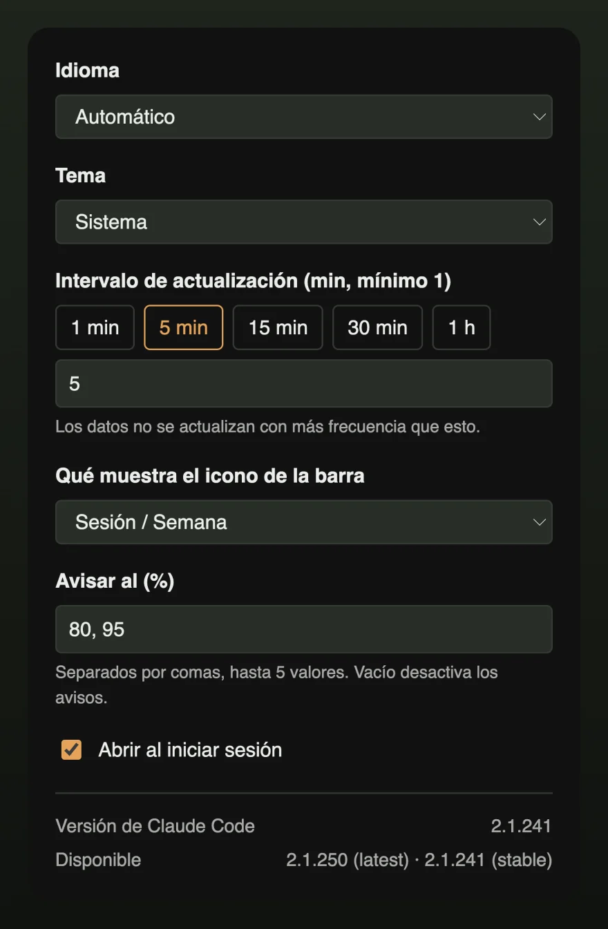 La ventana de ajustes con el idioma, el tema, el intervalo de actualización, el contenido del icono de la barra de menús, los umbrales de notificación y el arranque al iniciar sesión.