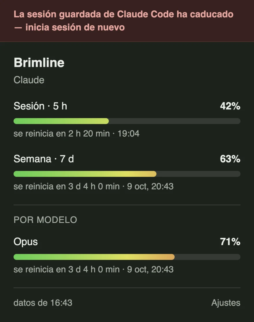 El panel con un aviso rojo que dice que la sesión guardada de Claude Code ha caducado, los últimos porcentajes conocidos todavía listados debajo y un pie que dice qué antigüedad tienen.