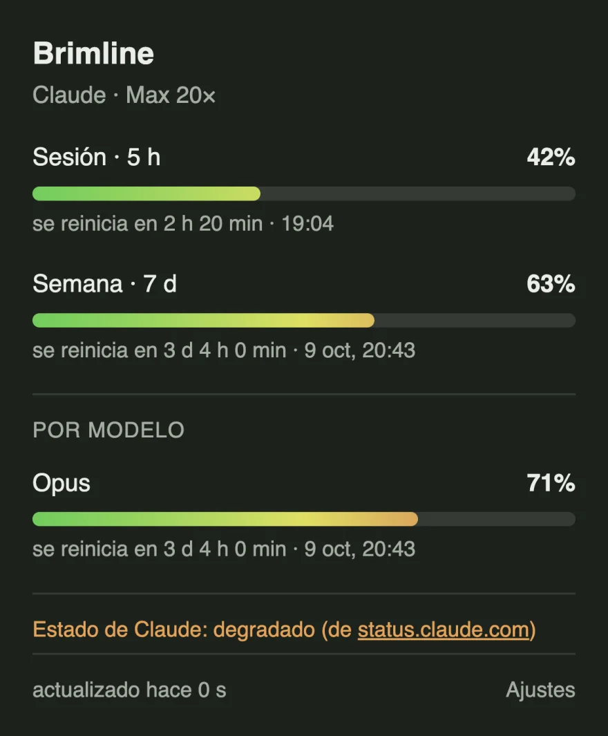 El panel con una línea naranja al pie: estado de Claude degradado, según status.claude.com.