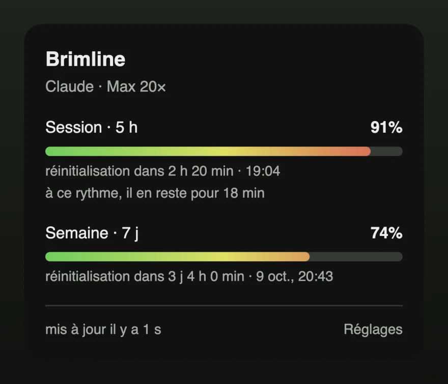 Le panneau avec la barre de session à 91 %, colorée en rouge, et une ligne indiquant combien de temps la limite tiendra encore au rythme actuel.
