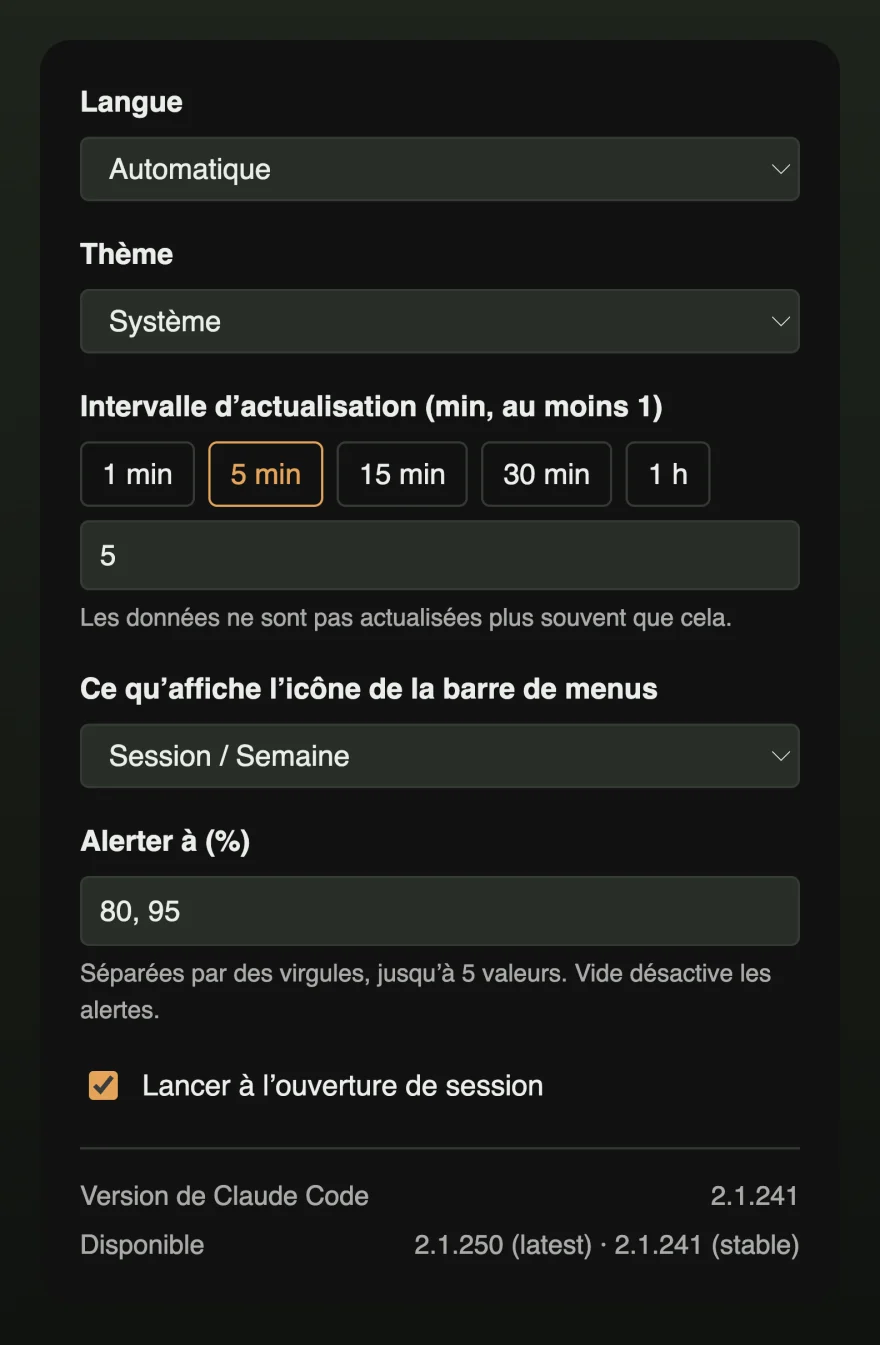 La fenêtre des réglages avec la langue, le thème, l'intervalle d'actualisation, le contenu de l'icône de la barre des menus, les seuils de notification et le lancement à l'ouverture de session.