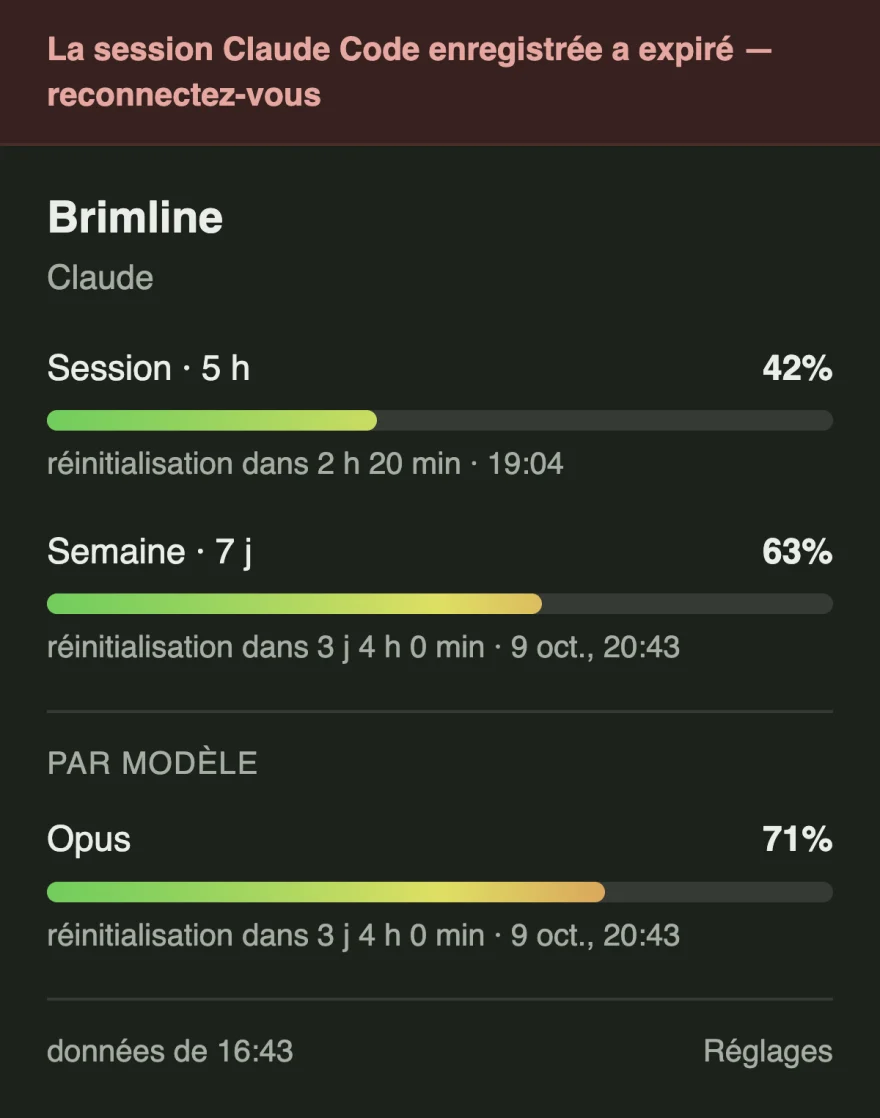 Le panneau avec une bannière rouge indiquant que la session Claude Code enregistrée a expiré, les derniers pourcentages connus toujours listés en dessous, et un pied de panneau indiquant leur âge.