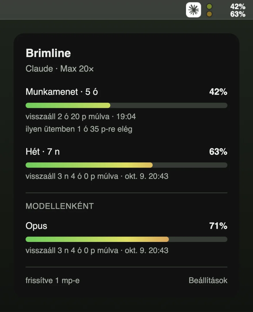 A Brimline menüsorelem 42%-ot és 63%-ot mutat, az alatta lévő panel pedig felsorolja a munkamenet-korlátot 42%-on, a hetit 63%-on és az Opust 71%-on, mindegyiket a visszaállás idejével.