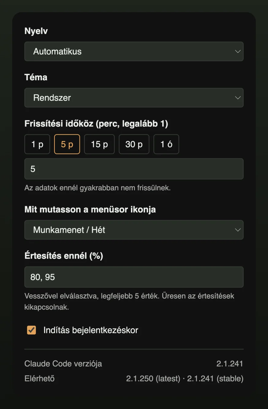 A beállítások ablaka a nyelvvel, a témával, a frissítési időközzel, a menüsorikon tartalmával, az értesítési küszöbökkel és az indítással bejelentkezéskor.