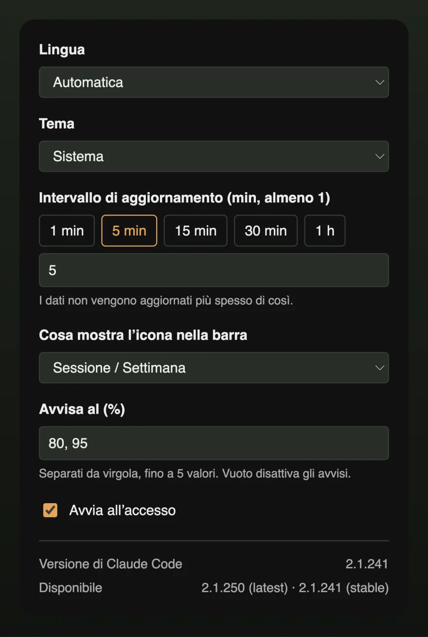 La finestra delle impostazioni con lingua, tema, intervallo di aggiornamento, contenuto dellʼicona nella barra dei menu, soglie di notifica e avvio al login.