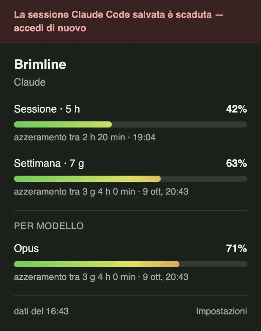 Il pannello con una fascia rossa che dice che la sessione salvata di Claude Code è scaduta, le ultime percentuali note ancora elencate sotto e un piede che dice quanto sono vecchie.