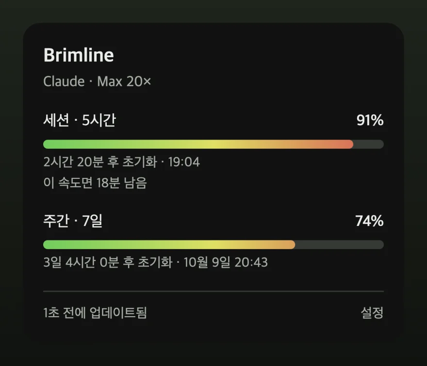 세션 막대가 91%에서 빨갛게 칠해져 있고, 현재 속도로 한도가 얼마나 더 버틸지 알려 주는 줄이 있는 패널.