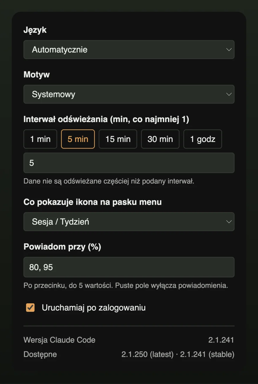 Okno ustawień z językiem, motywem, interwałem odświeżania, zawartością ikony na pasku menu, progami powiadomień i uruchamianiem przy logowaniu.