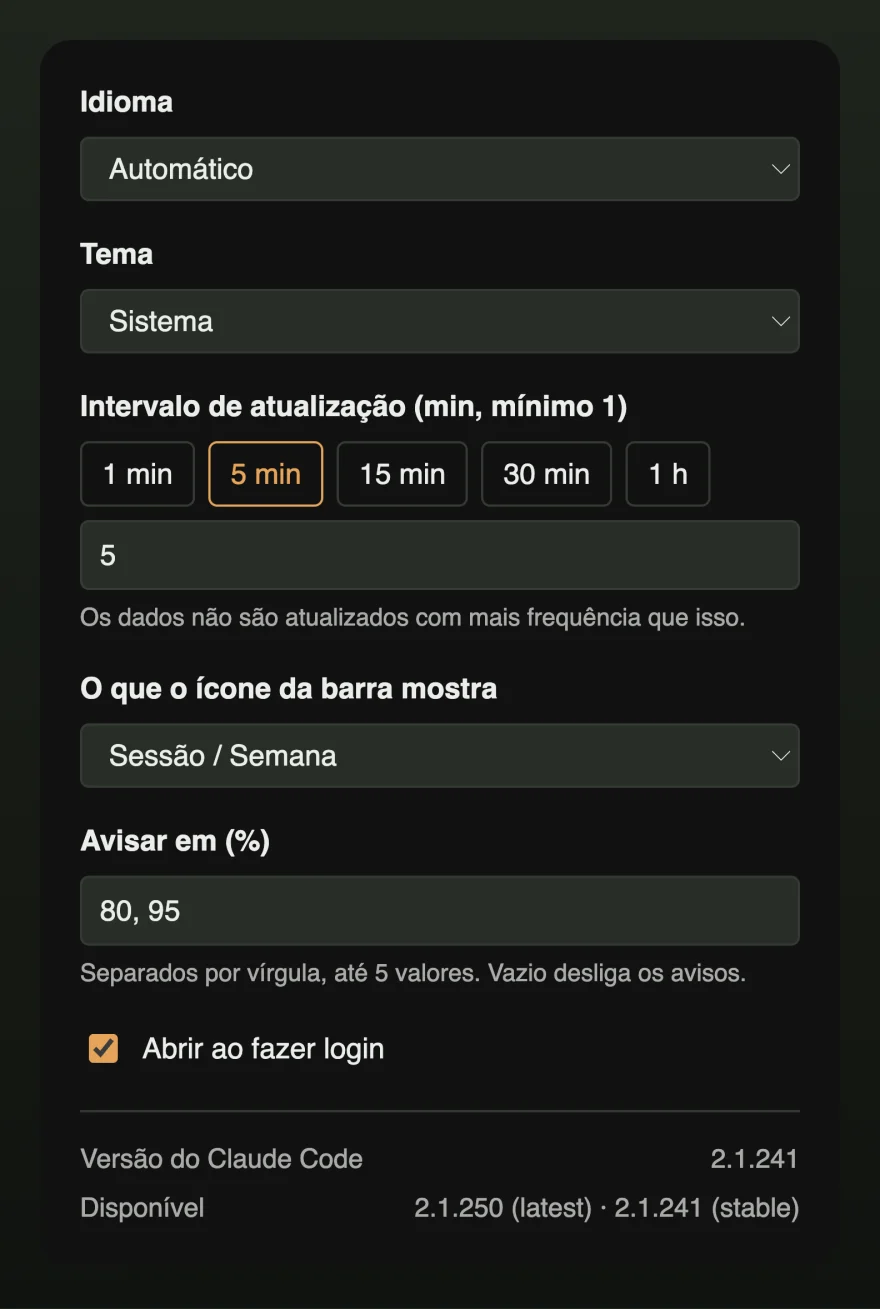 A janela de ajustes com idioma, tema, intervalo de atualização, conteúdo do ícone da barra de menus, limiares de notificação e abertura ao iniciar sessão.
