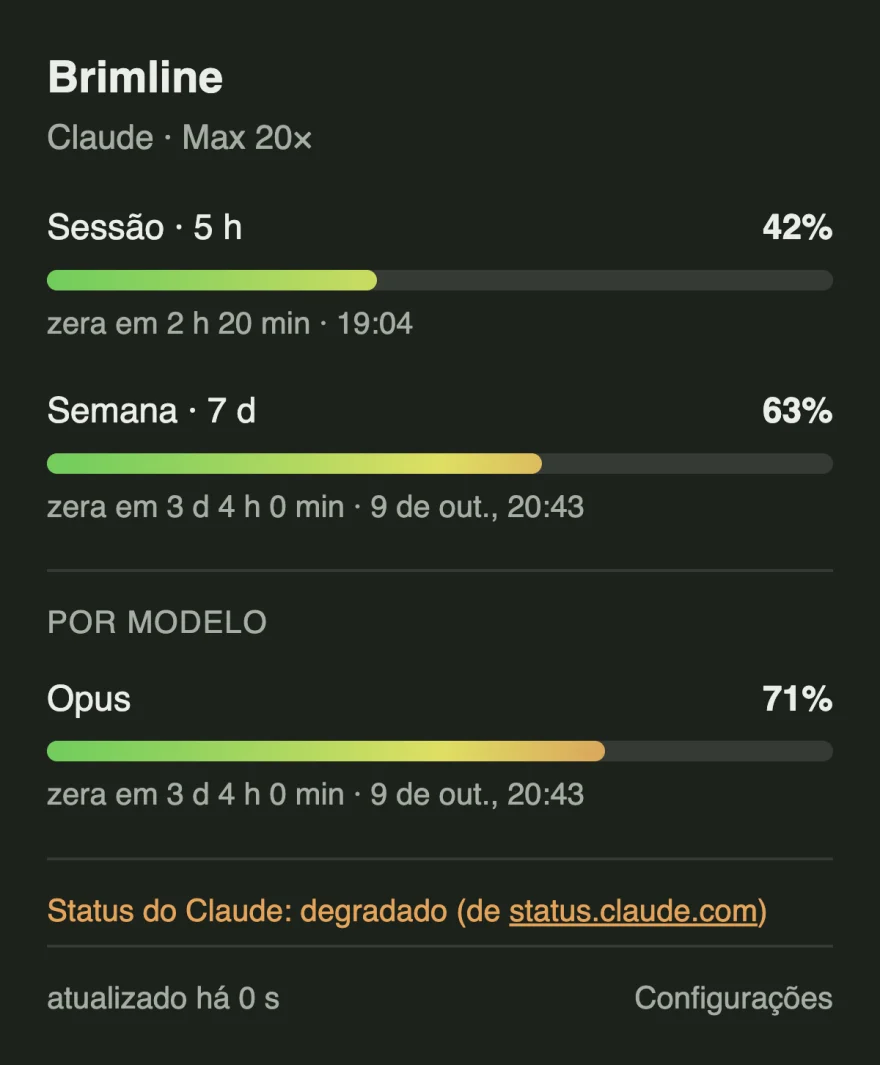 O painel com uma linha laranja no rodapé: status do Claude degradado, segundo status.claude.com.