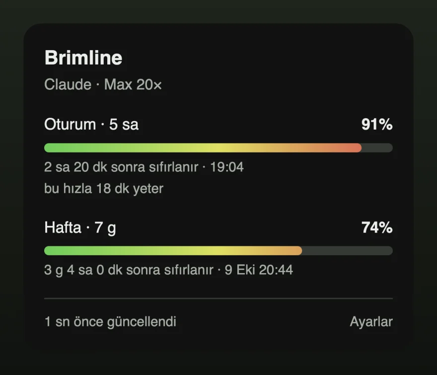 Oturum çubuğu %91’de, kırmızıya boyanmış panel ve sınırın mevcut hızda daha ne kadar yeteceğini söyleyen bir satır.