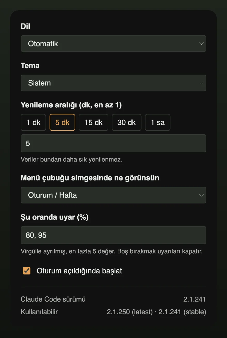 Dil, tema, yenileme aralığı, menü çubuğu simgesinin içeriği, bildirim eşikleri ve oturum açılışında başlatma seçeneklerini içeren ayarlar penceresi.