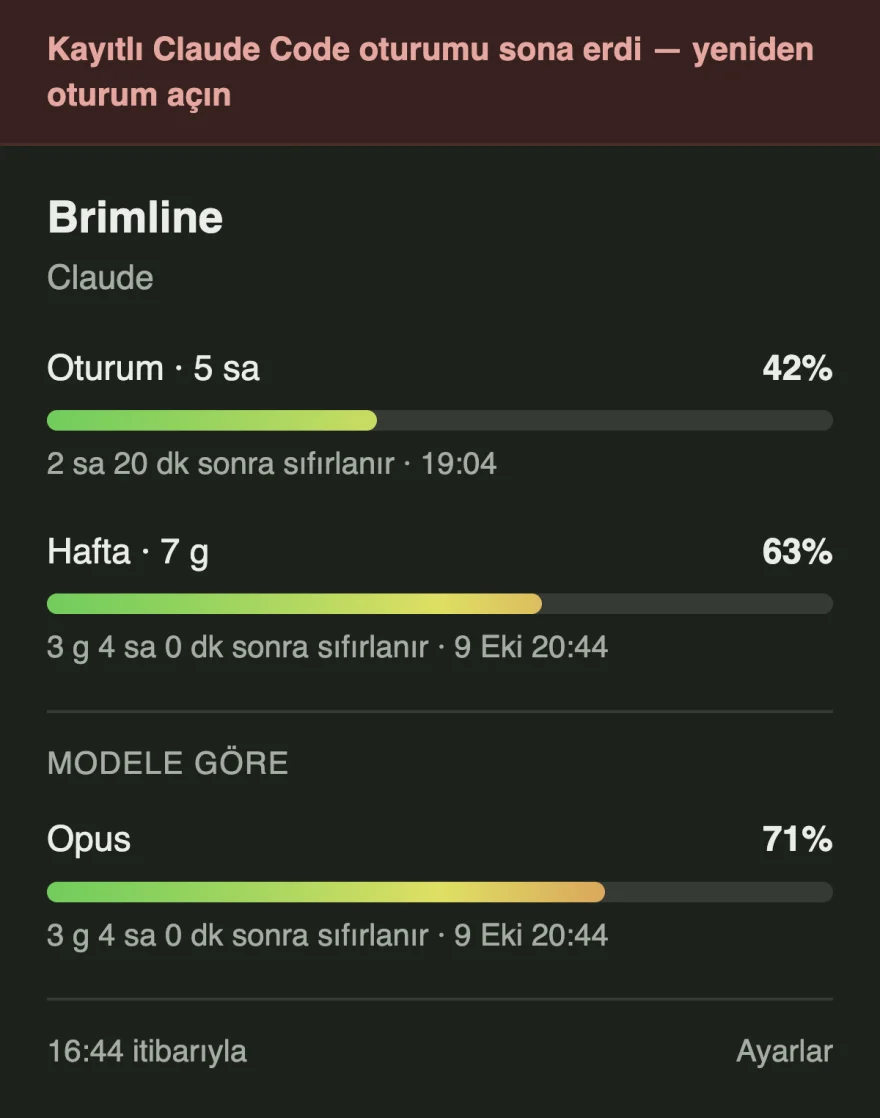 Kayıtlı Claude Code oturumunun sona erdiğini bildiren kırmızı bir şeridi, altında hâlâ listelenen son bilinen yüzdeleri ve bunların ne kadar eski olduğunu söyleyen bir alt bilgisi olan panel.