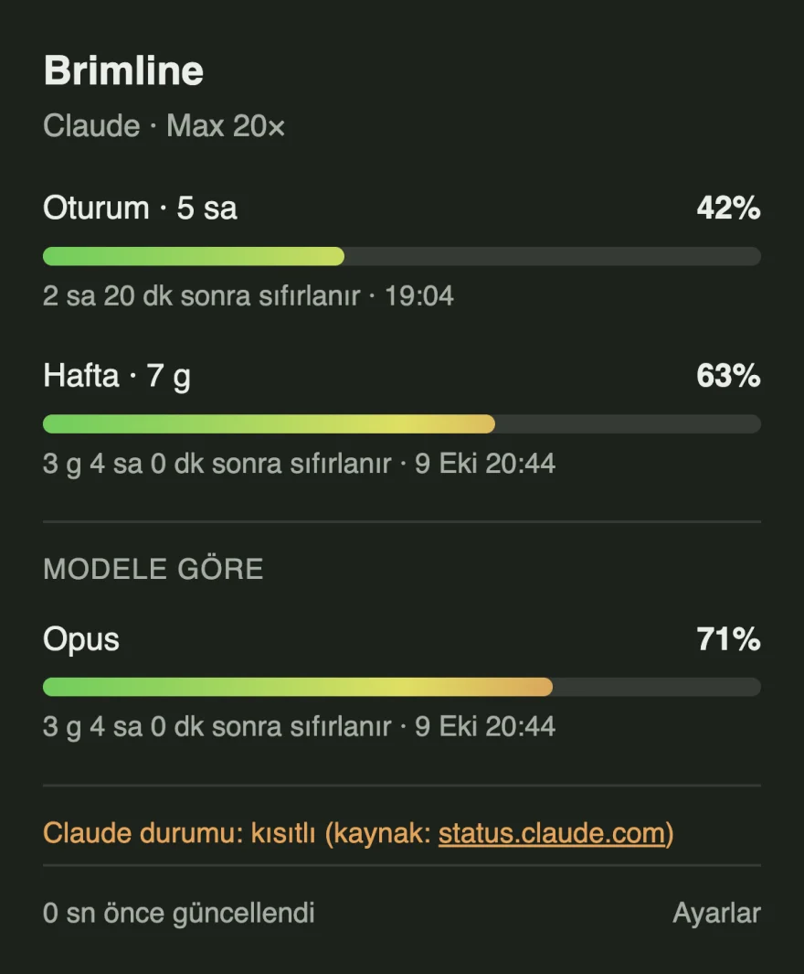 Altında turuncu bir satır bulunan panel: status.claude.com’a göre Claude durumu bozulmuş.