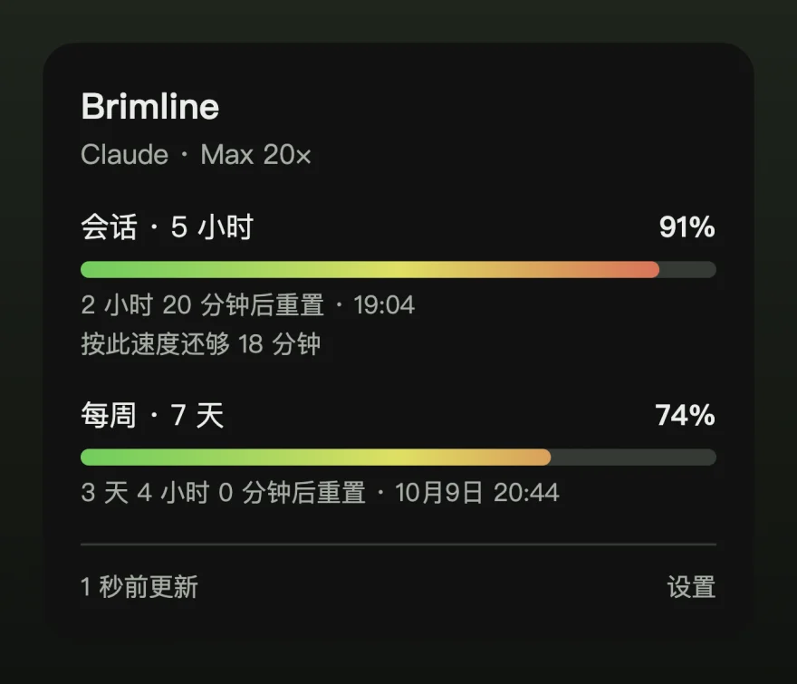 面板中会话进度条处于 91% 并显示为红色，下面一行说明按当前速度这个上限还能撑多久。